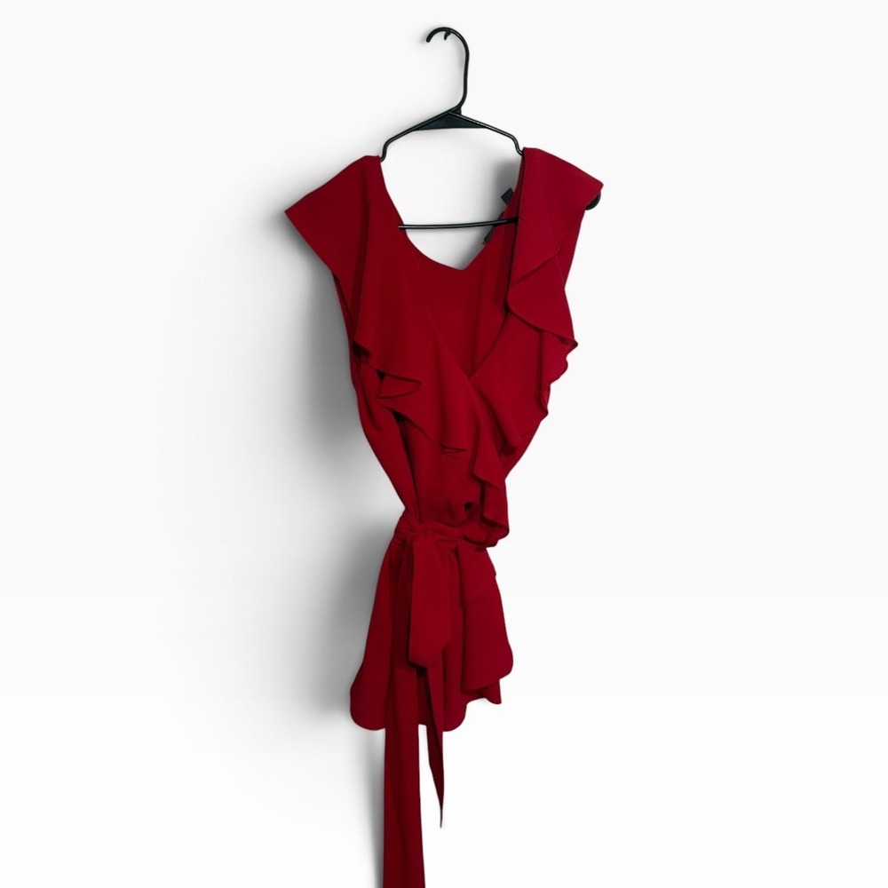 Halogen Womens XXL Red Ruffle V-Neck Peplum Blouse Sleeveless Tie Waist Top